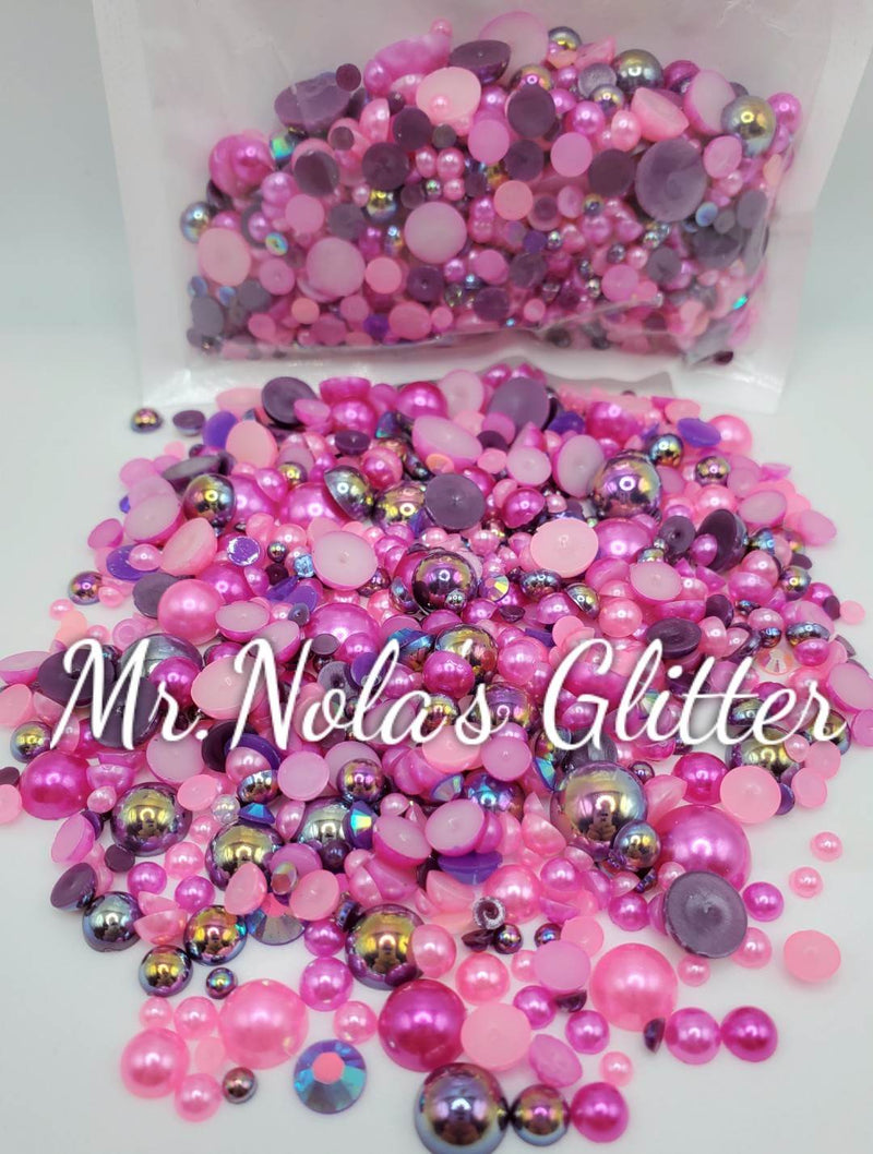 Mix Flatback Pearls and Rhinestones for Small, Pink-rose red-purple